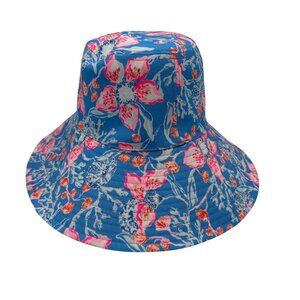 Lilly Pulitzer Blue/Pink Floral Reversible Bucket Sun Hat UPF 50 Bahamian Rhapso